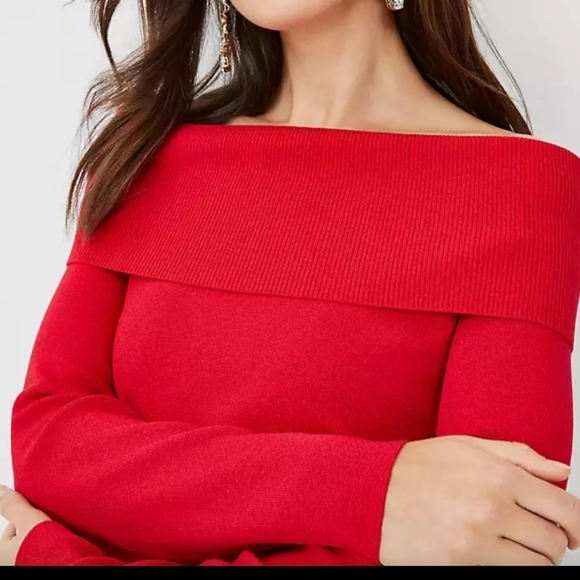 NWT ANN TAYLOR RED MIDI OFF THE  Shoulder Women's Sweater - Picture 5 of 5